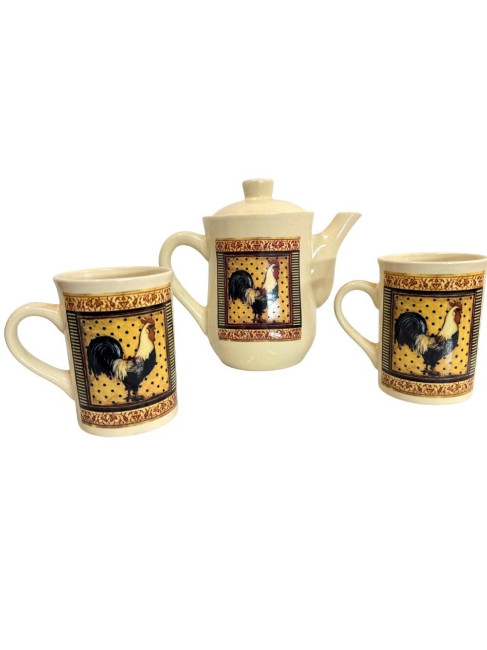 VTG Bay Island Inc Rooster Ceramic Teapot & Mugs 3-Piece Set Farmhouse Decor